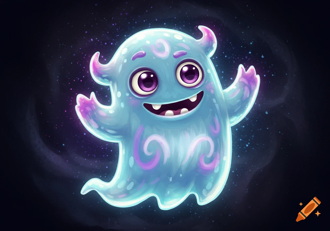 A cute cartoon blue ghost monster with purple accents smiles against a starry dark background.