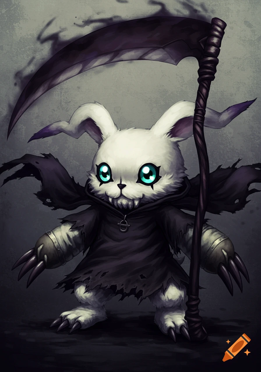 A white fluffy creature in a black cloak holding a scythe.
