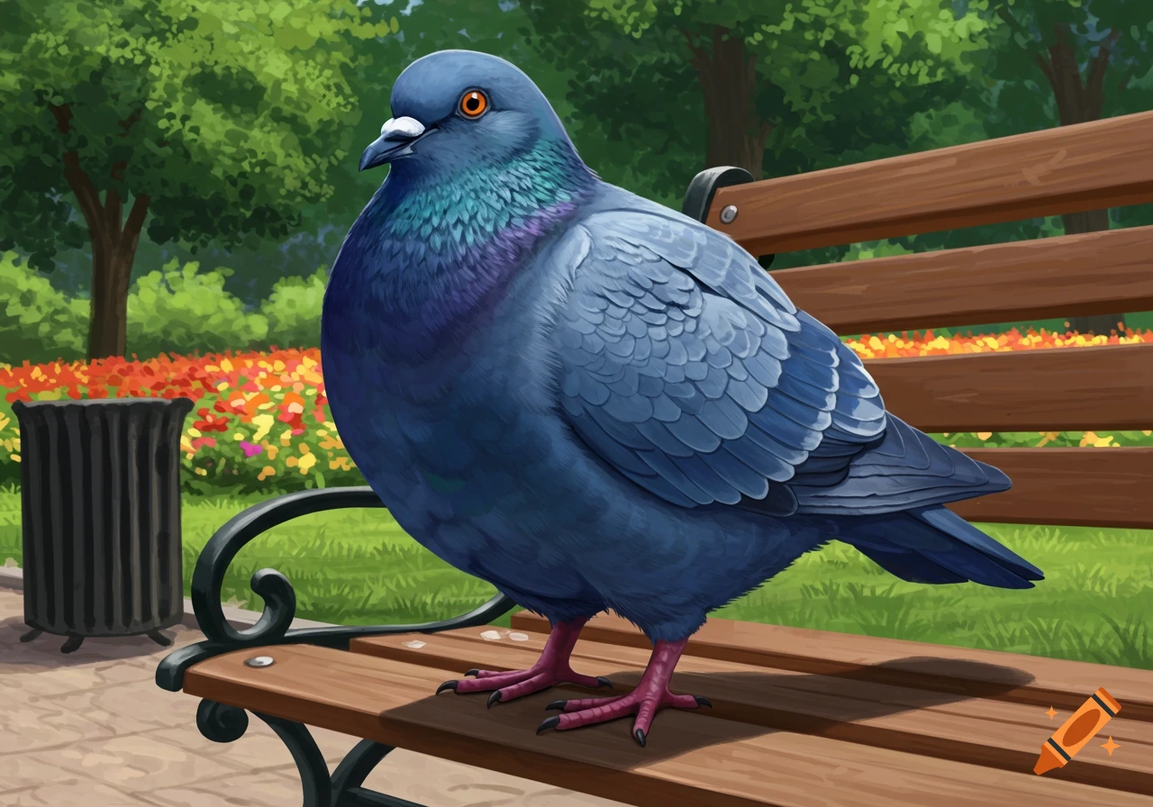 A fat pigeon with human feet sits on a park bench.