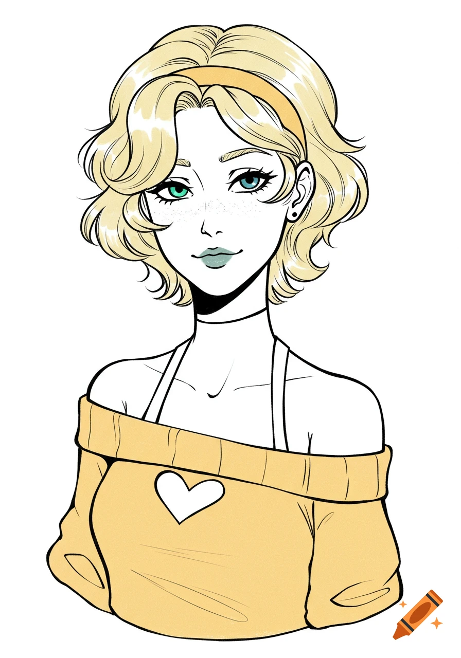 Line art illustration of a young woman with blonde hair, different colored eyes, wearing an off-shoulder yellow sweater with a heart cutout.
