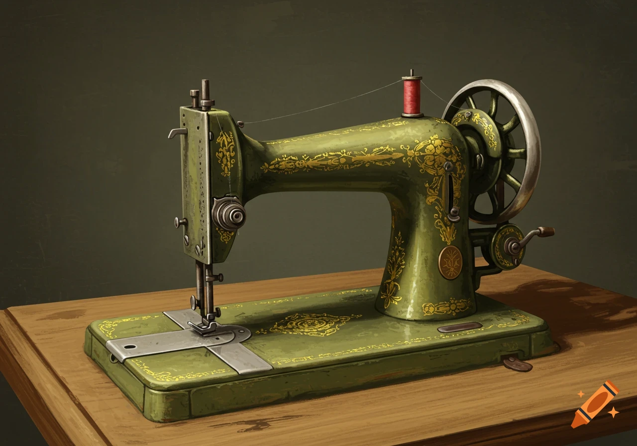 An antique green sewing machine with gold details sits on a wooden table