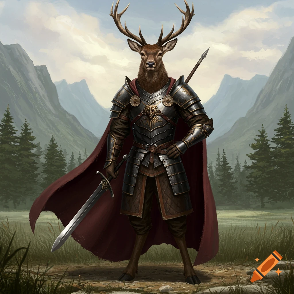 An anthropomorphic deer soldier in armor holds a sword and spear in a mountain landscape.
