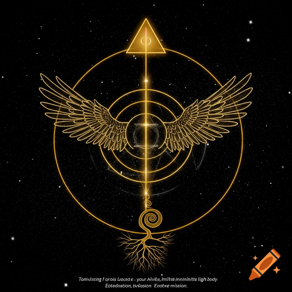 Golden symbolic emblem with wings, triangle, circle, and roots on a starry background.