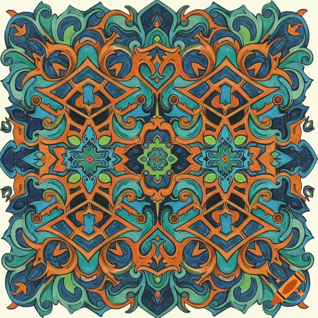Symmetrical abstract pattern in blue, green, and orange, with a hand-drawn or painted texture.