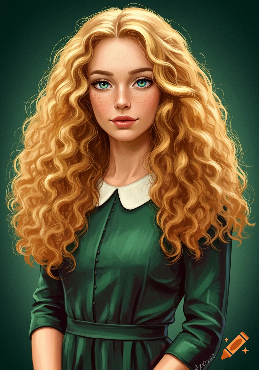 A woman with long curly blonde hair, freckles, and green eyes, wearing a green dress.