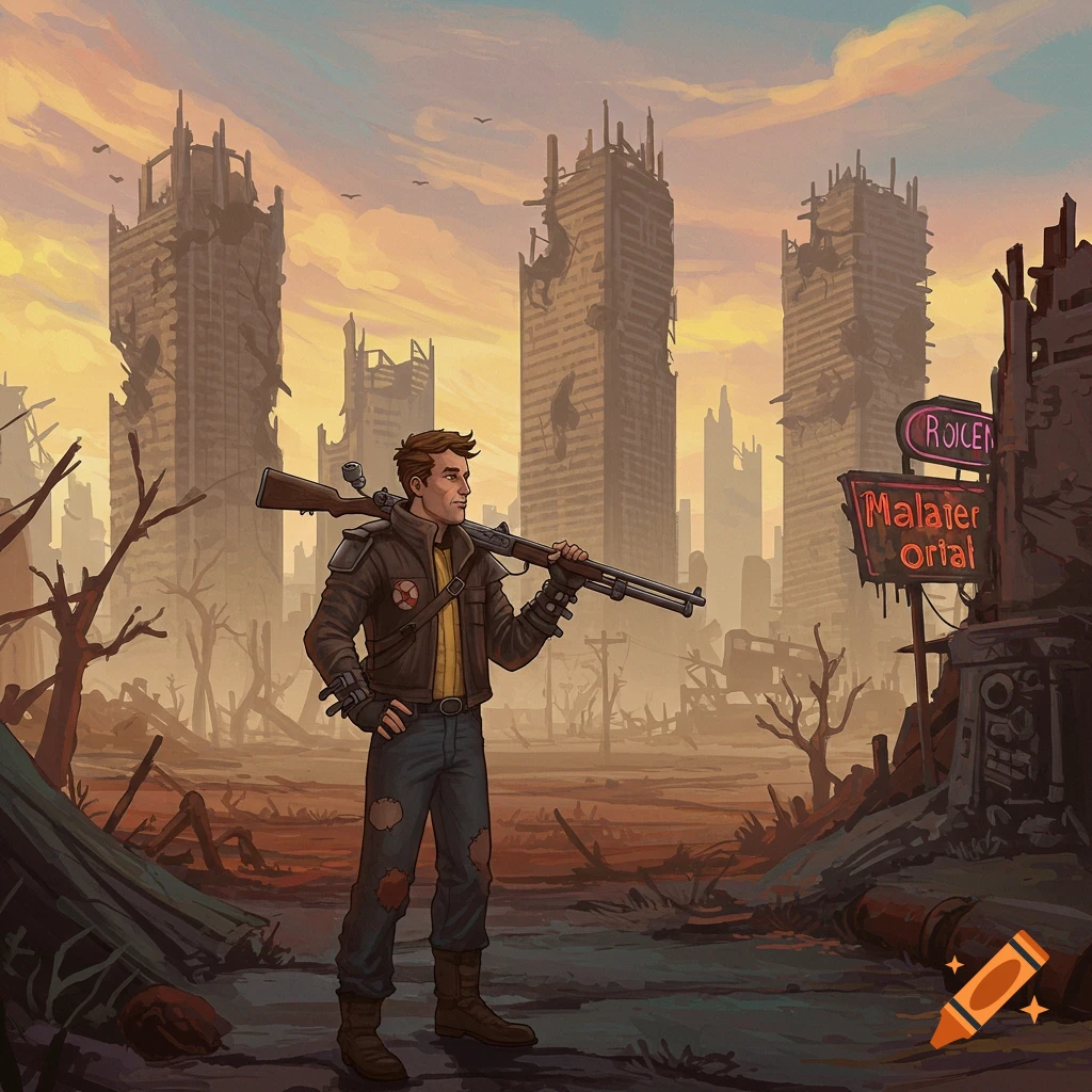 A person with a rifle stands in a ruined city landscape.