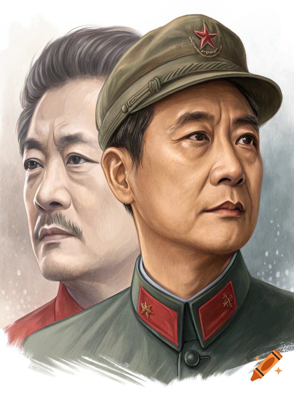 Painted portrait of two men, one in a military uniform and cap.