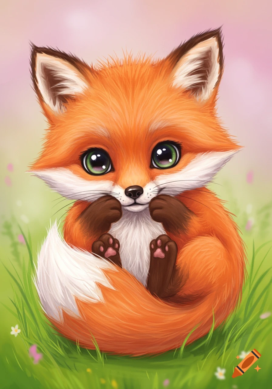 A cute cartoon fox with large green eyes sits curled up in green grass.