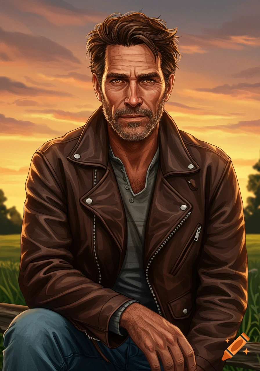 A rugged man in a leather jacket sits outside at sunset.
