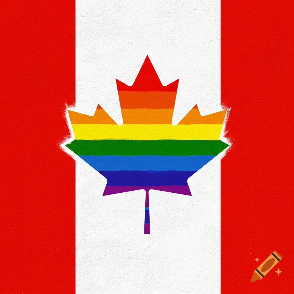 Canadian flag with a rainbow-colored maple leaf in a textured style.