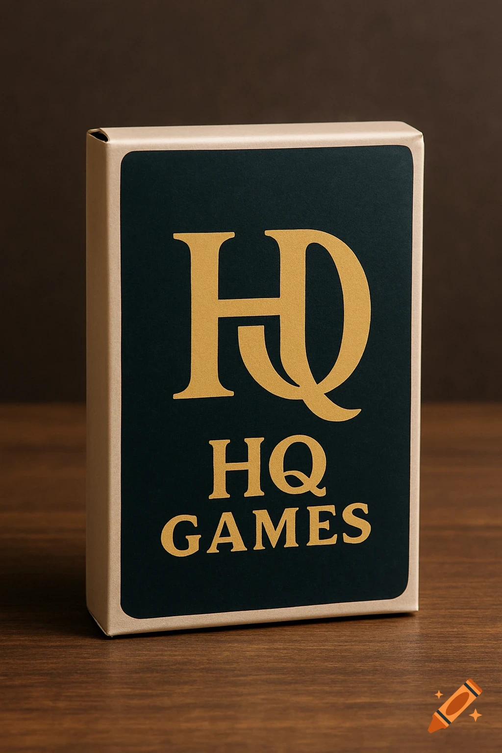Close-up of a dark green card pack with gold HQ HQ GAMES logo and text