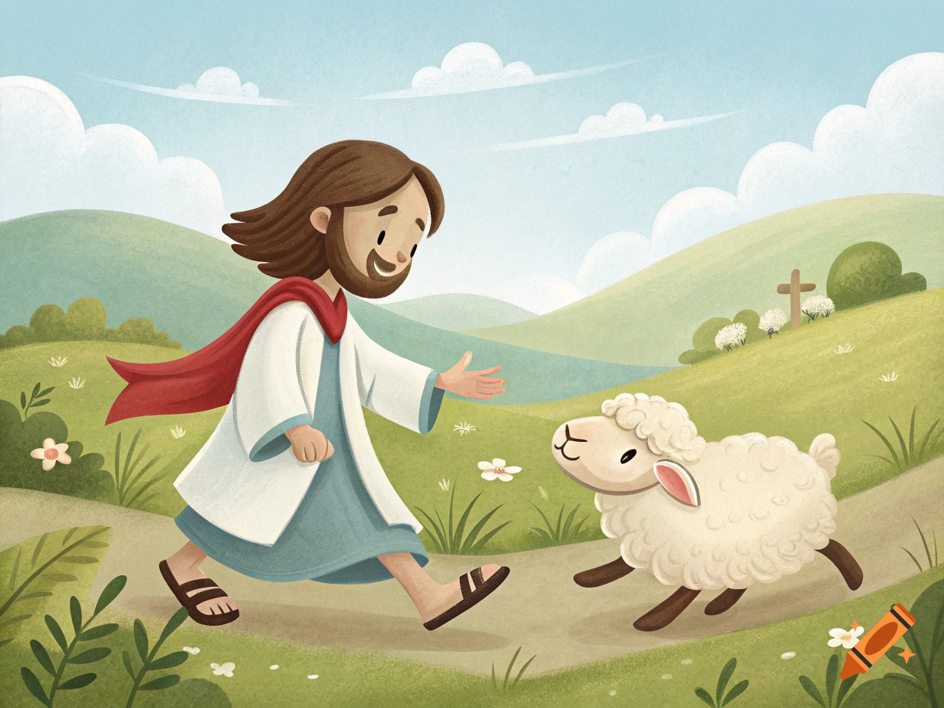 Cartoon illustration of Jesus walking towards a sheep on a grassy hill with a cross in the background.
