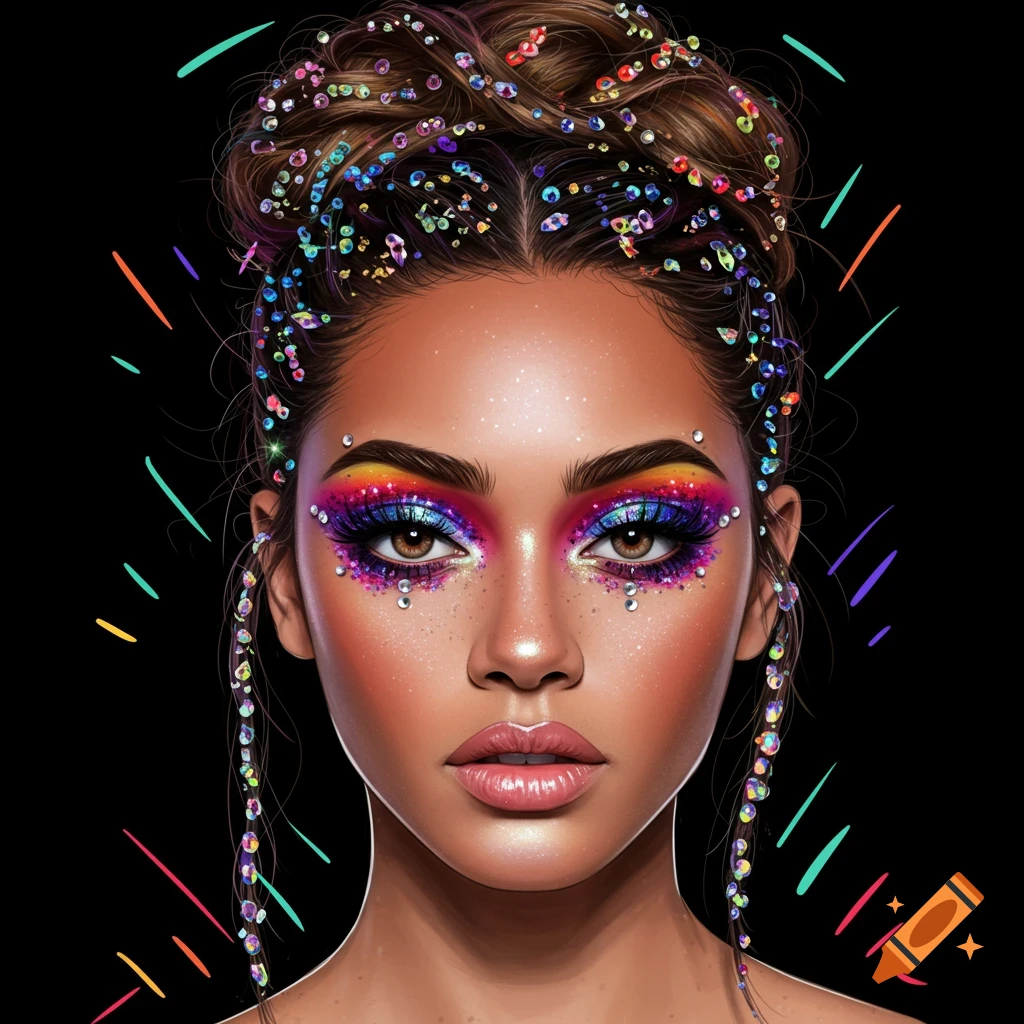A portrait of a woman with dramatic colorful eye makeup and sparkling gems in her hair against a black background.
