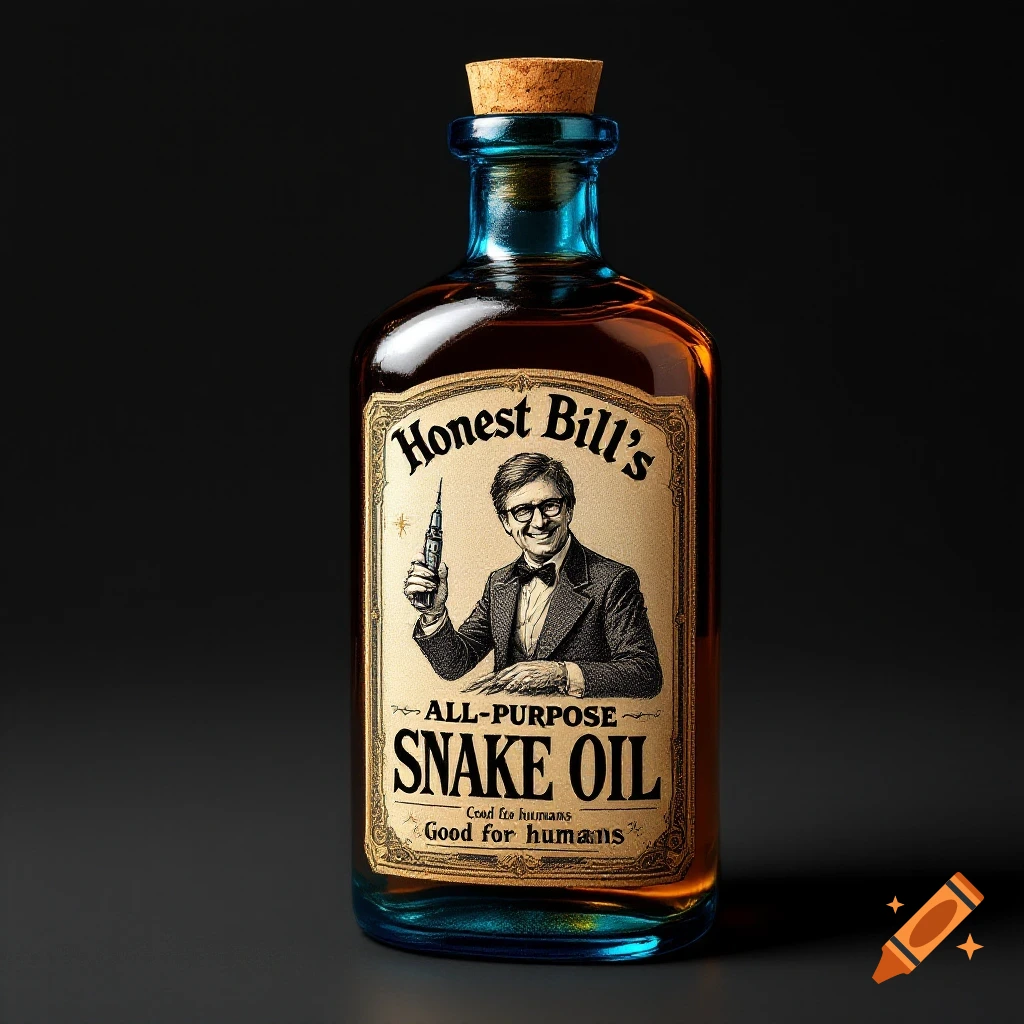 A vintage label on a bottle of "Honest Bill's Snake Oil" featuring an illustration of a man holding a syringe.