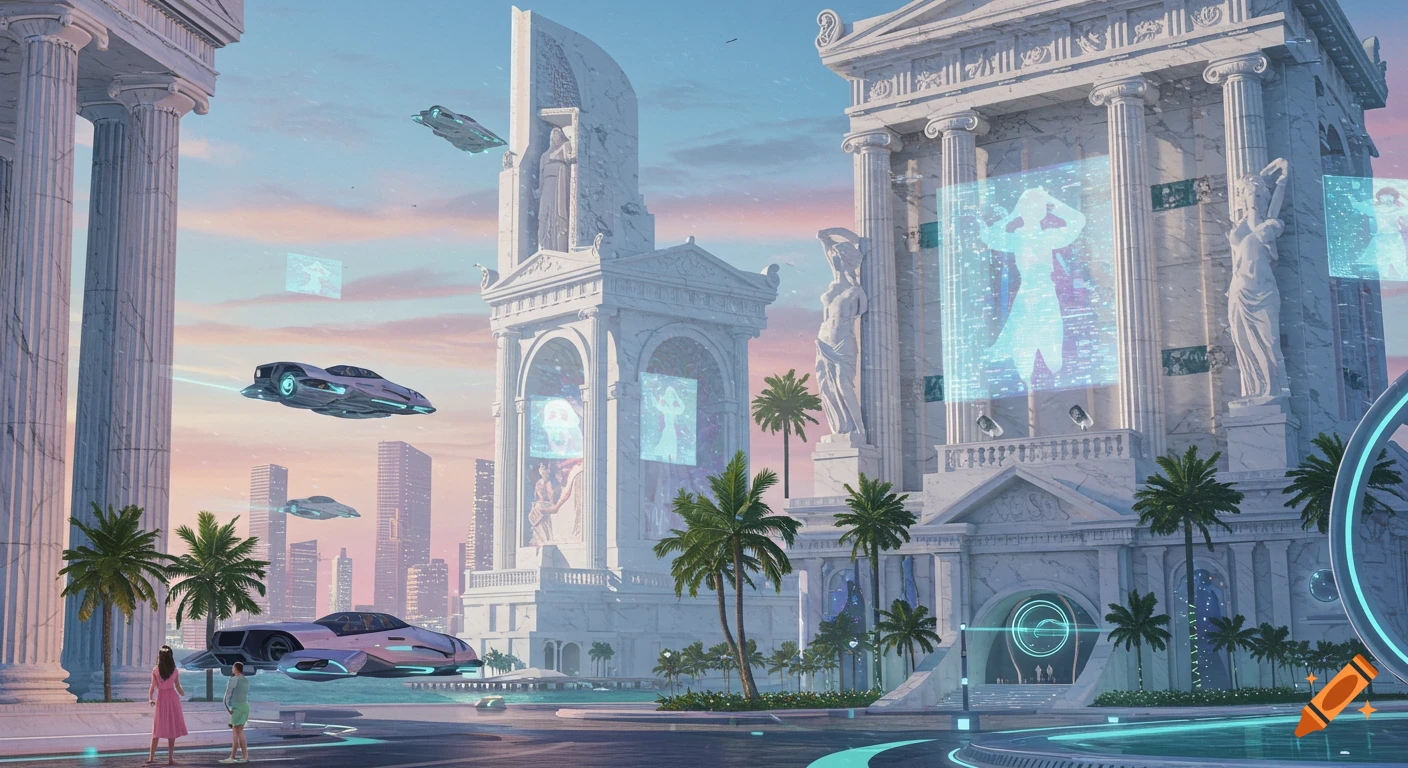 Futuristic city with classical architecture, flying cars, and palm trees at sunset.