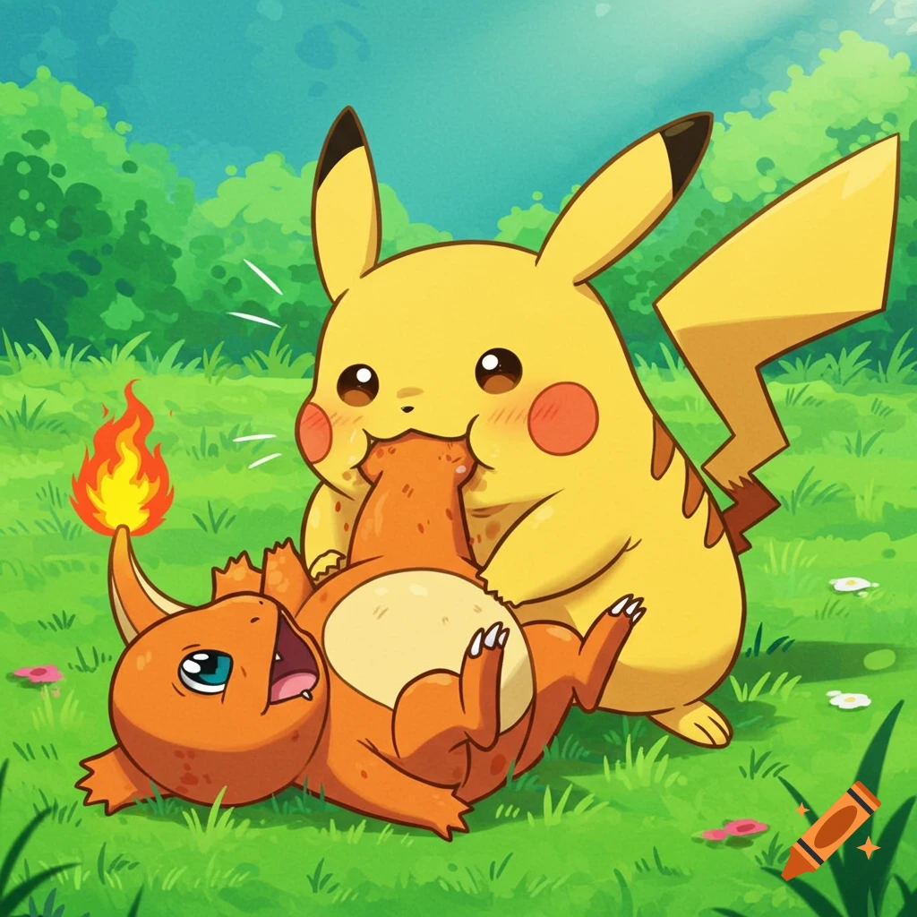 Cartoon illustration of Pikachu biting a Charmander who is lying on the grass in a forest clearing.