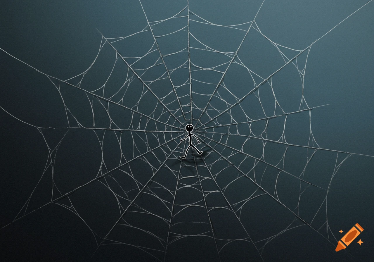 Digital illustration of a stick figure walking on a large spider web.