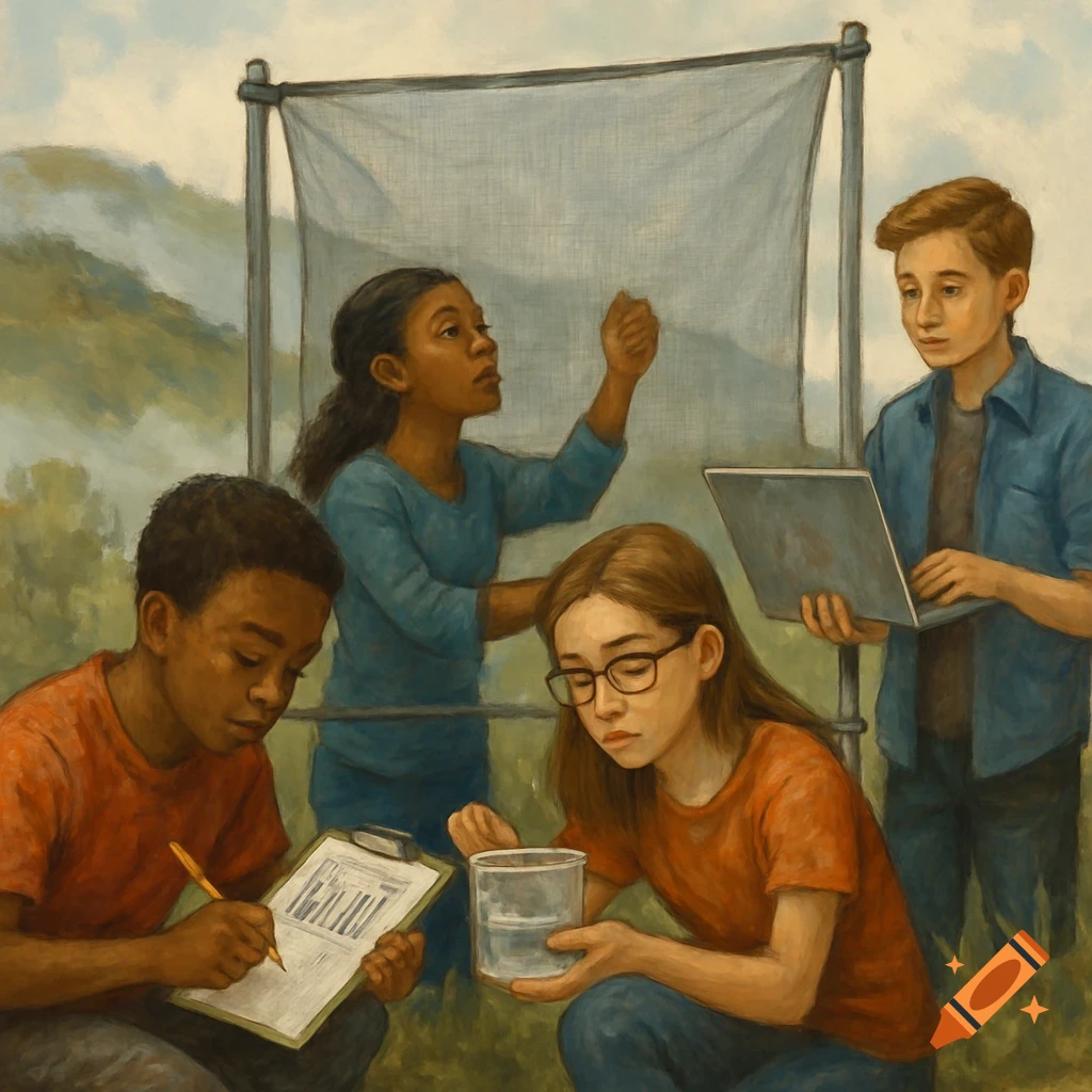 Four students working on an outdoor science project.