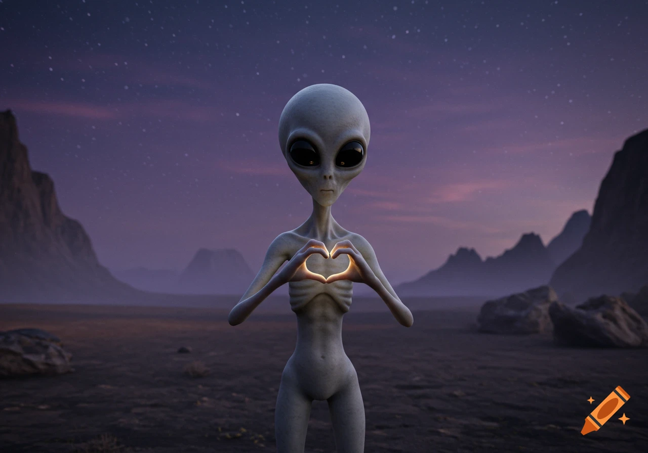 A grey alien stands in a desert landscape under a starry purple sky, making a heart shape with glowing hands.