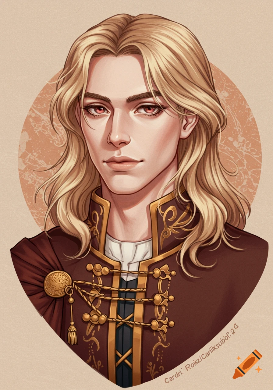 Portrait of a fantasy character with long blonde hair and red eyes wearing elaborate historical clothing.