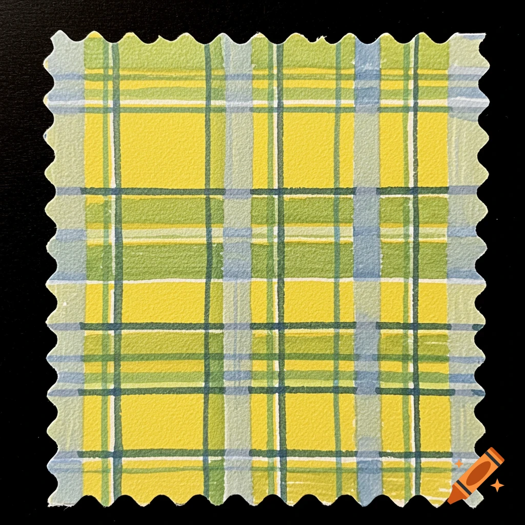 A swatch of yellow, green, and blue plaid fabric with wavy edges.