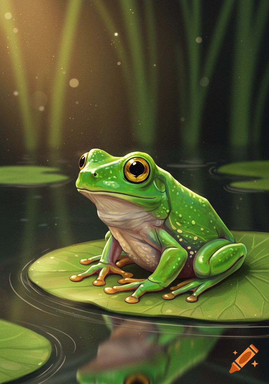 A green frog sits on a lily pad.