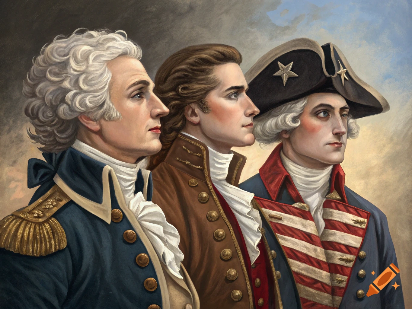 Painting of three historical figures in profile wearing military uniforms and drag makeup.