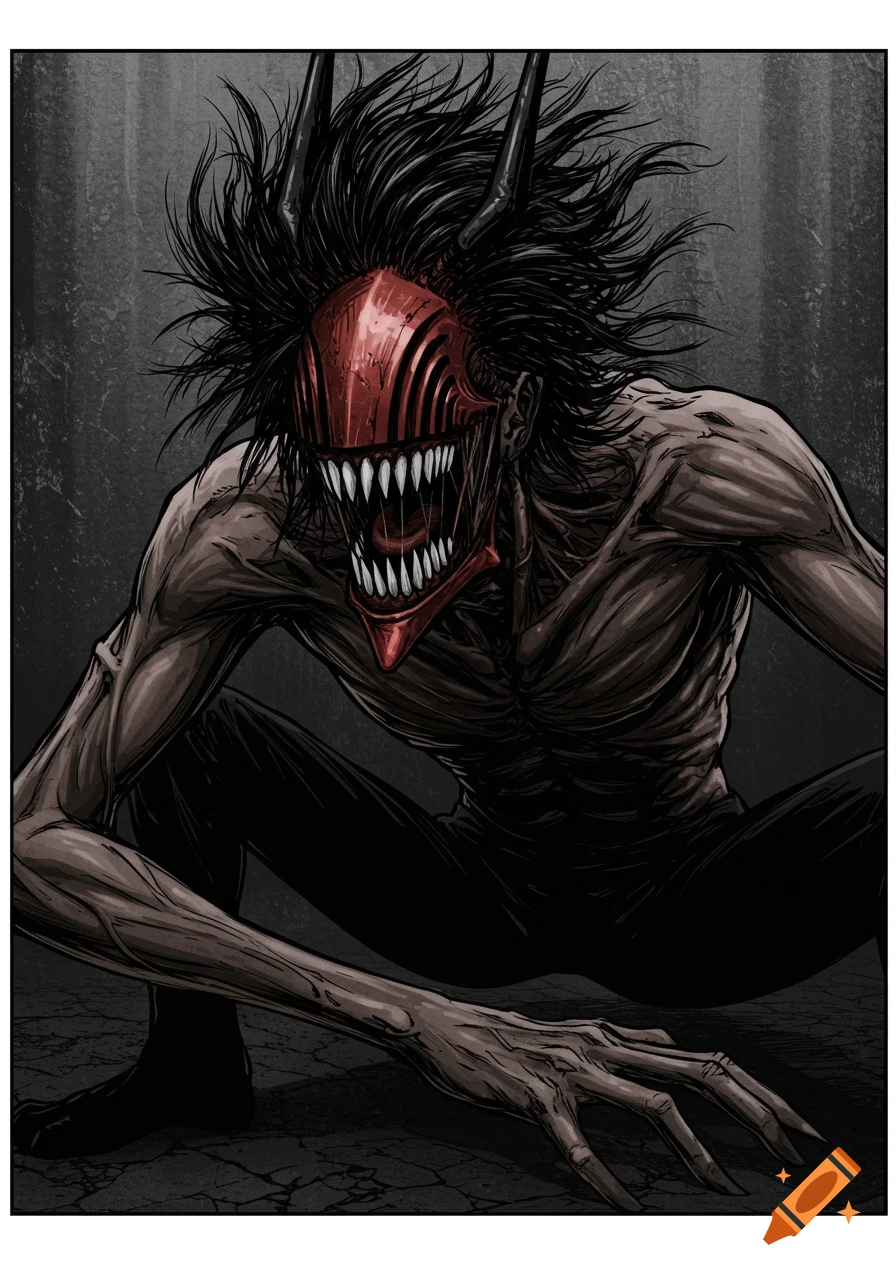 A crouching monstrous figure with a red chainsaw mask, sharp teeth, and dark hair, in a dark, illustrative style.