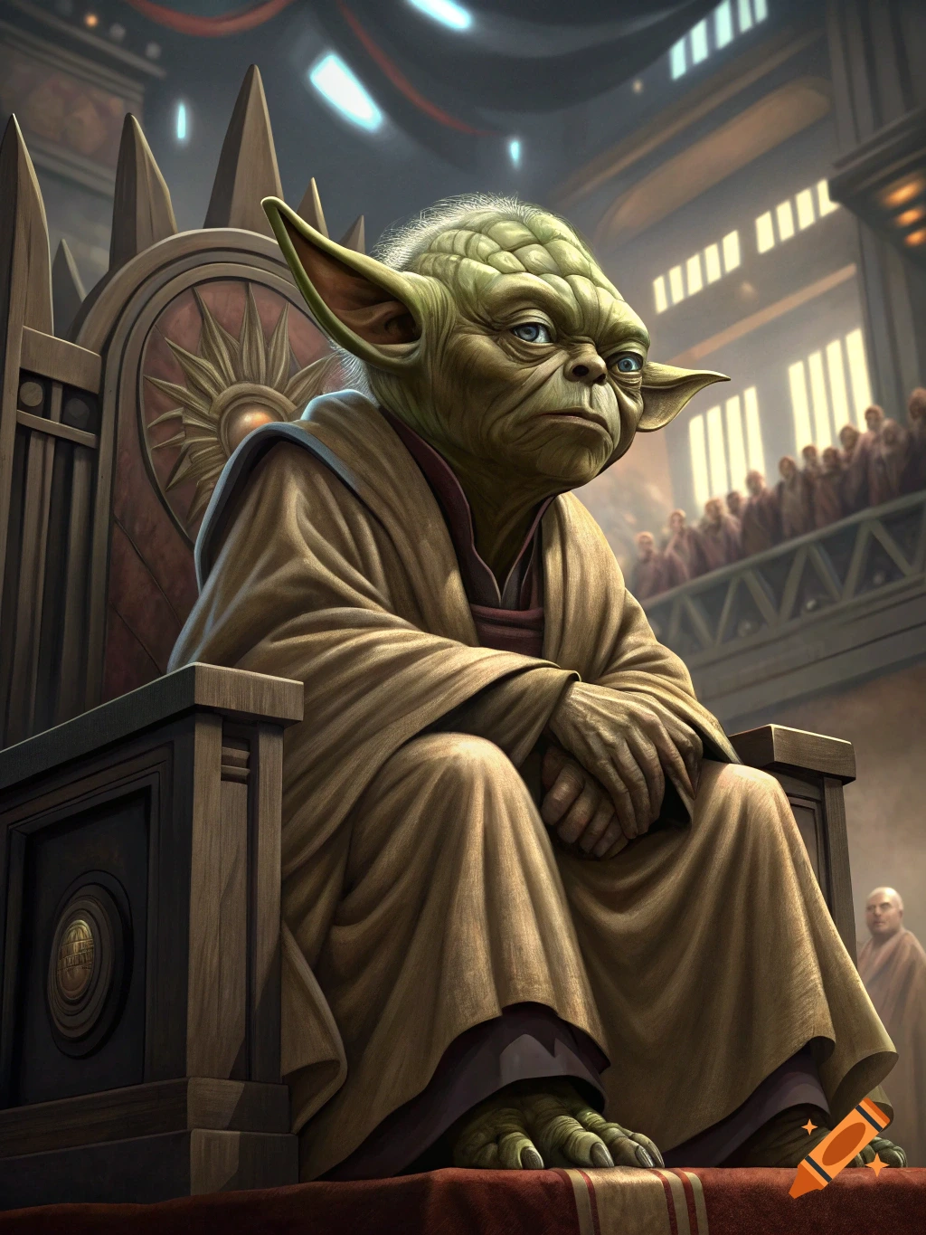 Yoda sits on a large throne in a hall with figures watching.