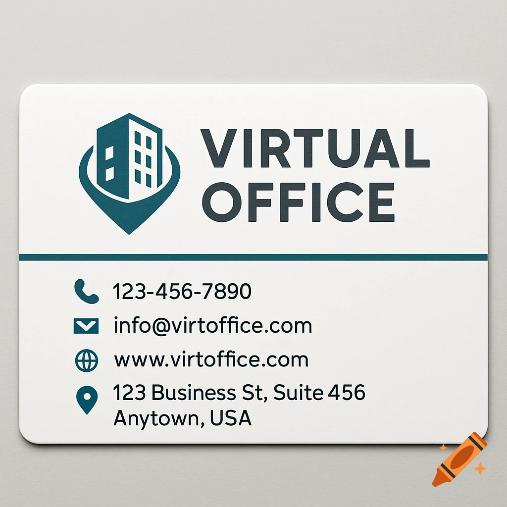 Business card for Virtual Office with logo and contact information.