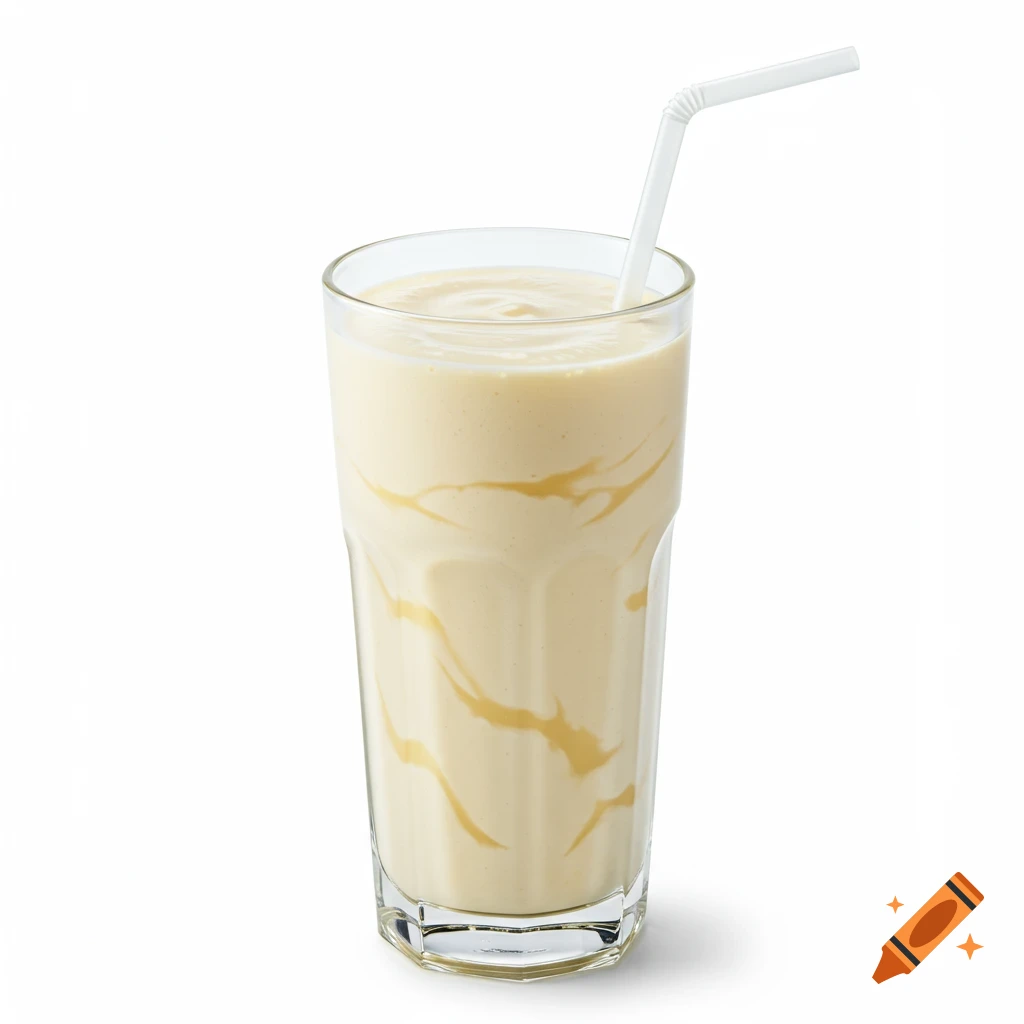 A vanilla milkshake in a tall glass with a straw on a white background.