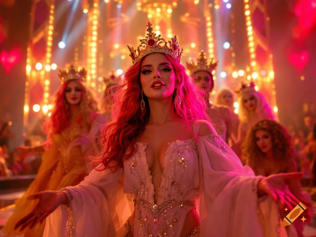 Woman in elaborate gown and crown on stage with other performers, dramatic lighting.