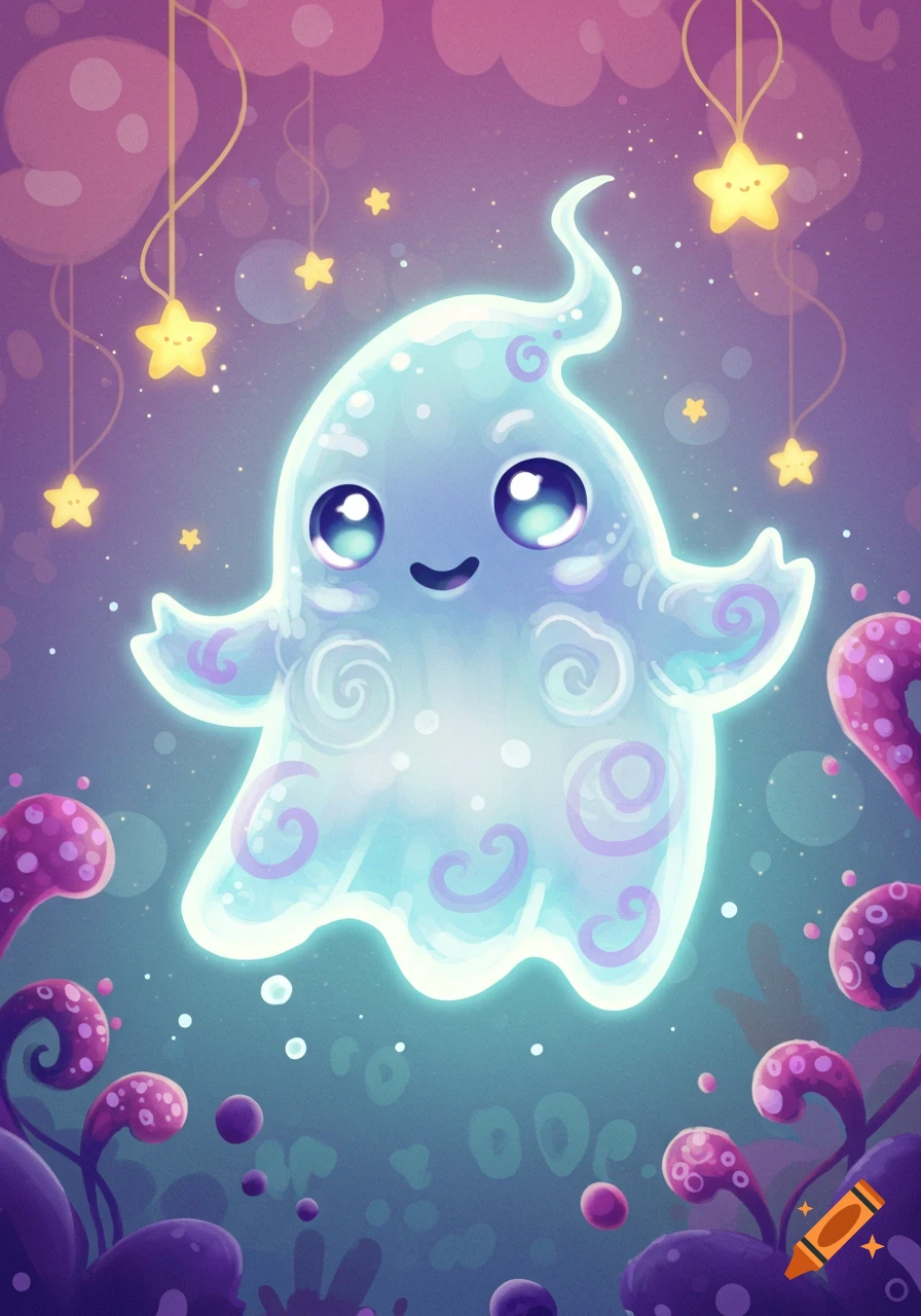 A cute, glowing blue ghost with swirls floats in a spacey, purple and teal environment with glowing stars and strange plants.