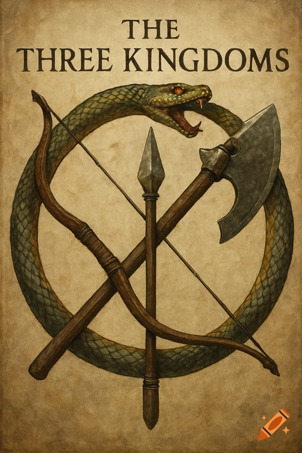 A snake forming a circle around crossed weapons (bow, spear, axe) with the title 'THE THREE KINGDOMS'.