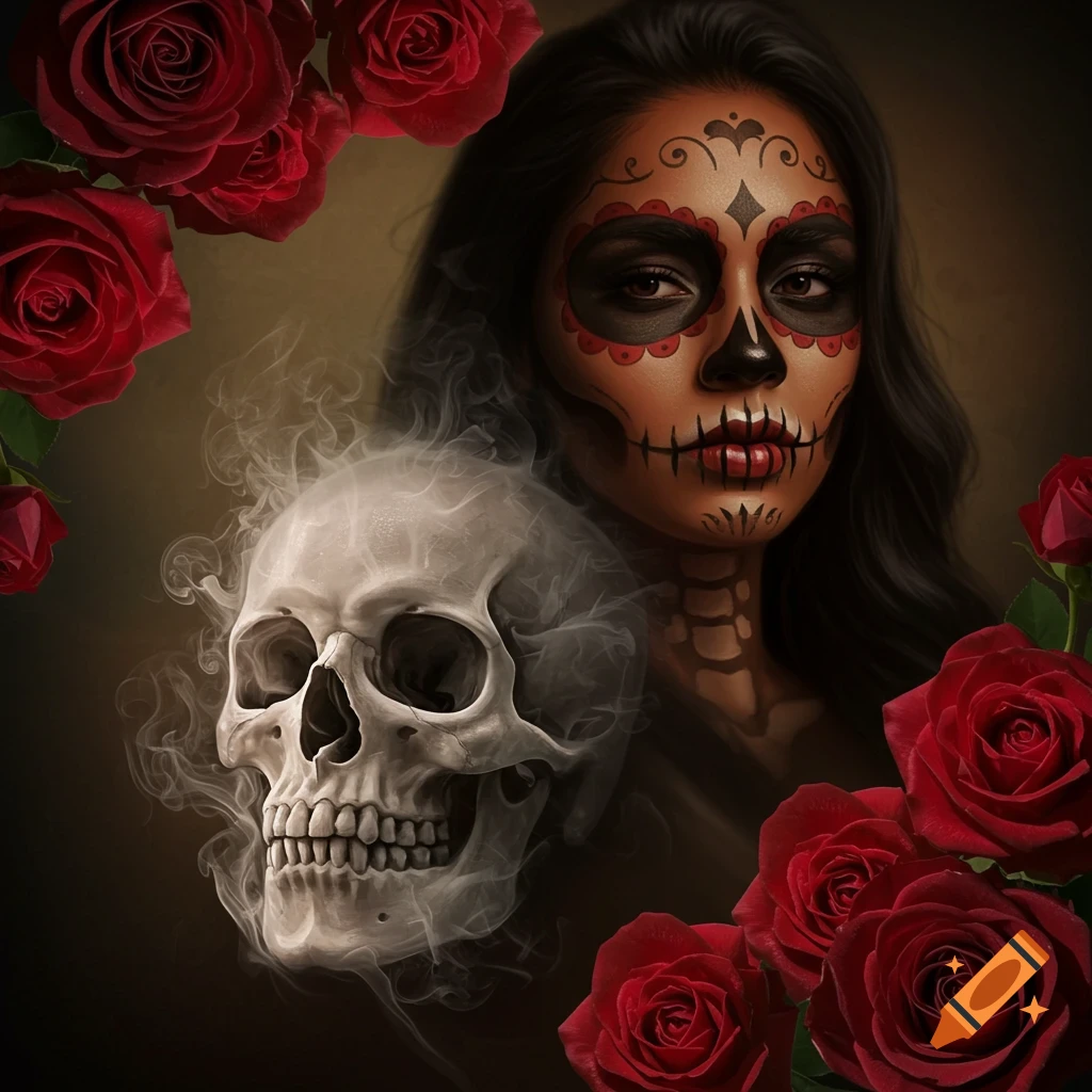 A woman with sugar skull face paint is next to a smoky skull, framed by red roses.