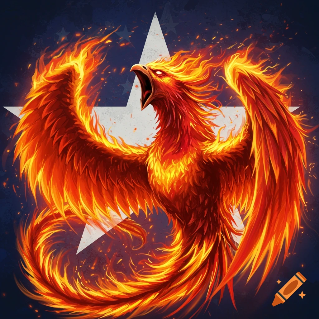 Screaming burning phoenix over a white American star on a blue background.