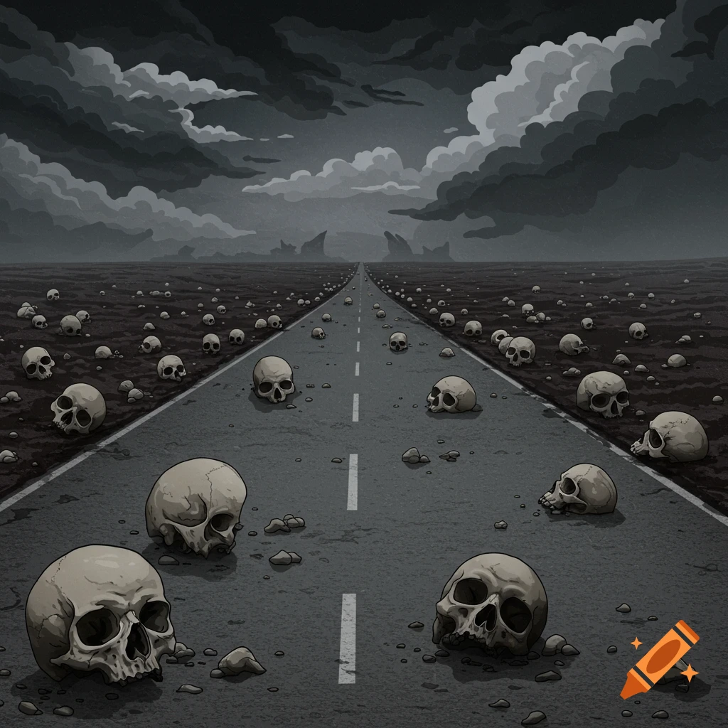 A straight road stretches into the distance across a desolate landscape covered in skulls, under a dark, cloudy sky.