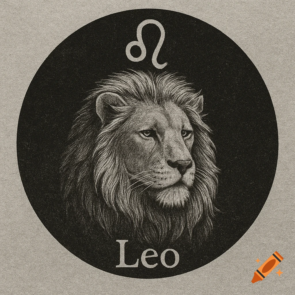 Greyscale illustration of a lion head with the Leo zodiac symbol and text in a black circle