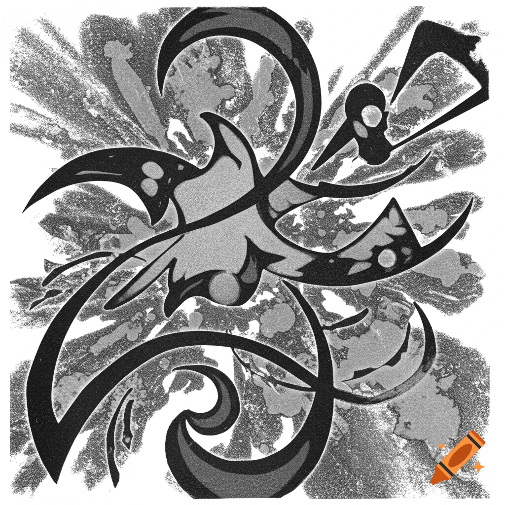An abstract black and white design with swirling shapes and textured background.