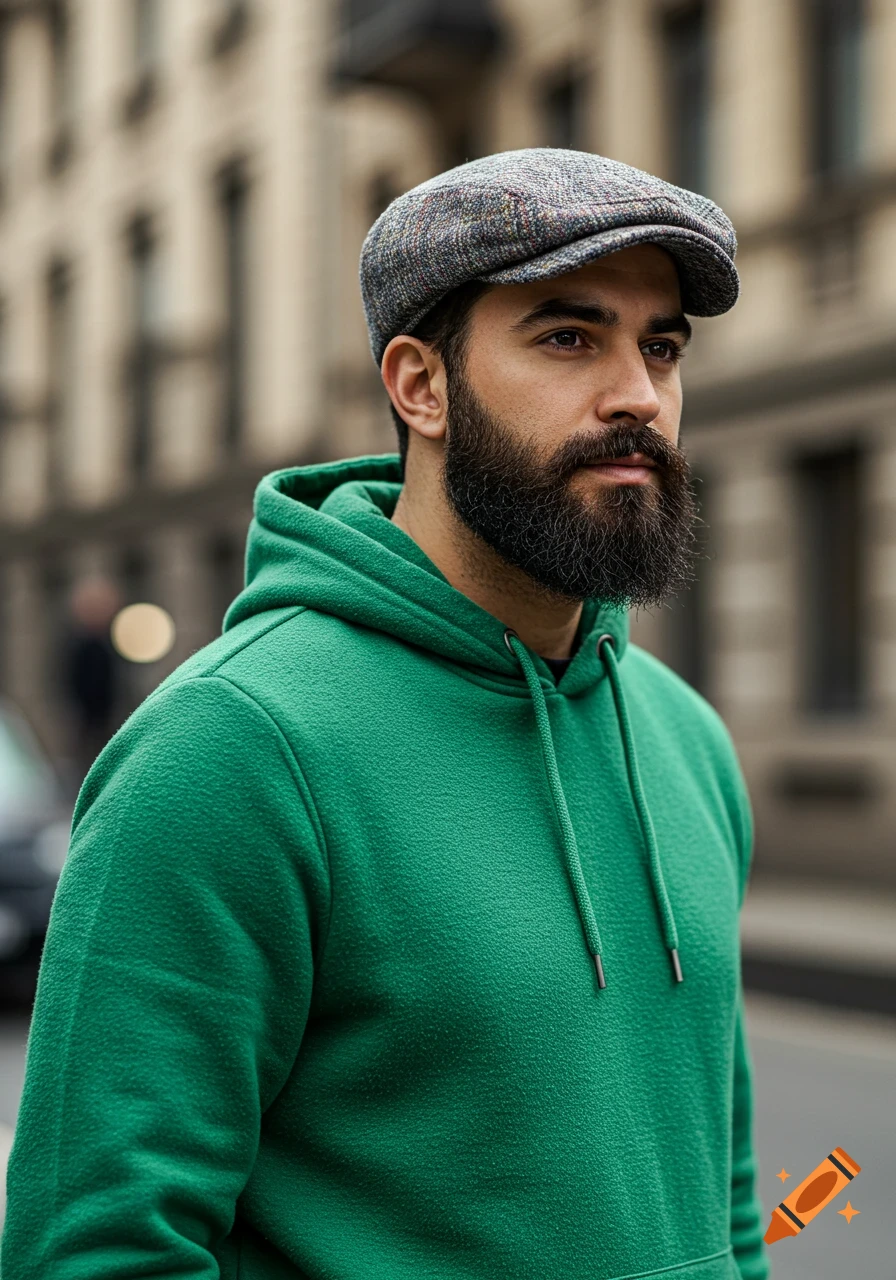 A man with a beard wears a green hoodie and a newsboy cap on a street.