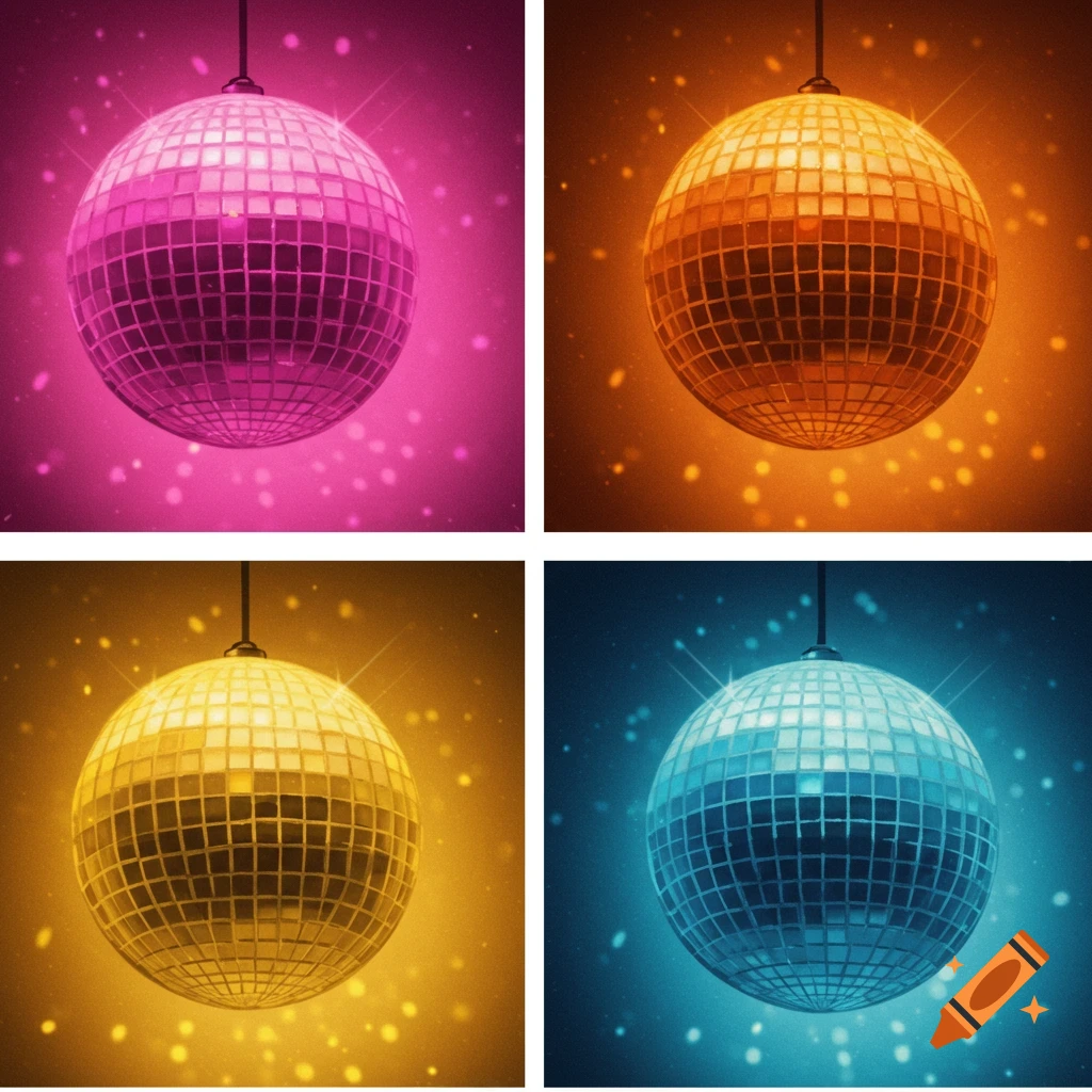 A grid of four disco balls in pink, orange, yellow, and blue with matching colored light effects.
