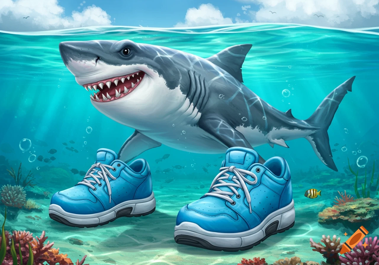 Cartoon shark wearing blue sneakers underwater