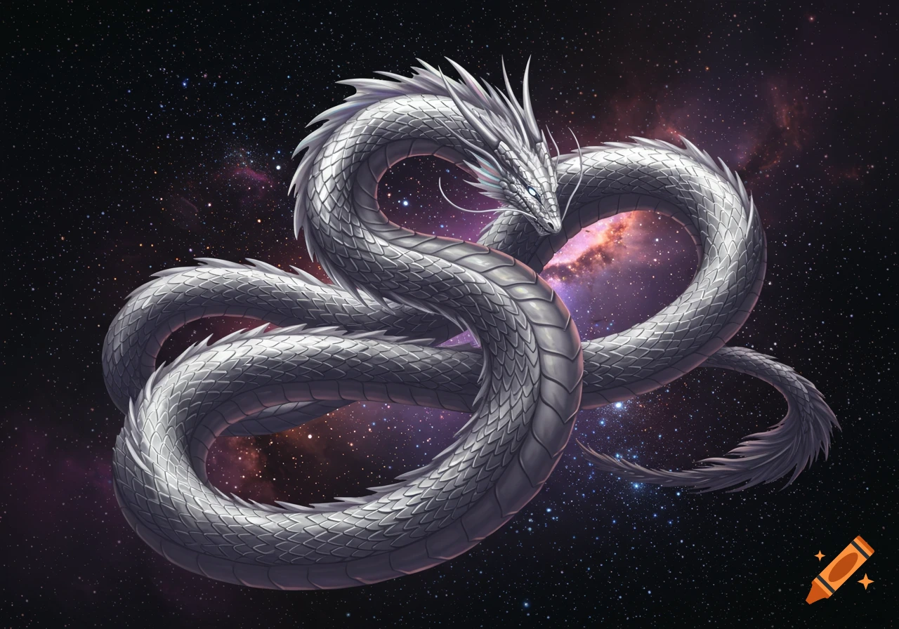 A metallic silver serpentine dragon coiled in space among stars and nebulae.