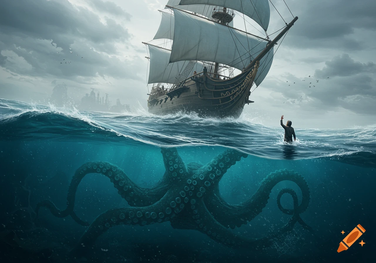 A large sailing ship floats on stormy seas with a giant kraken below the surface and a person waving from the water.