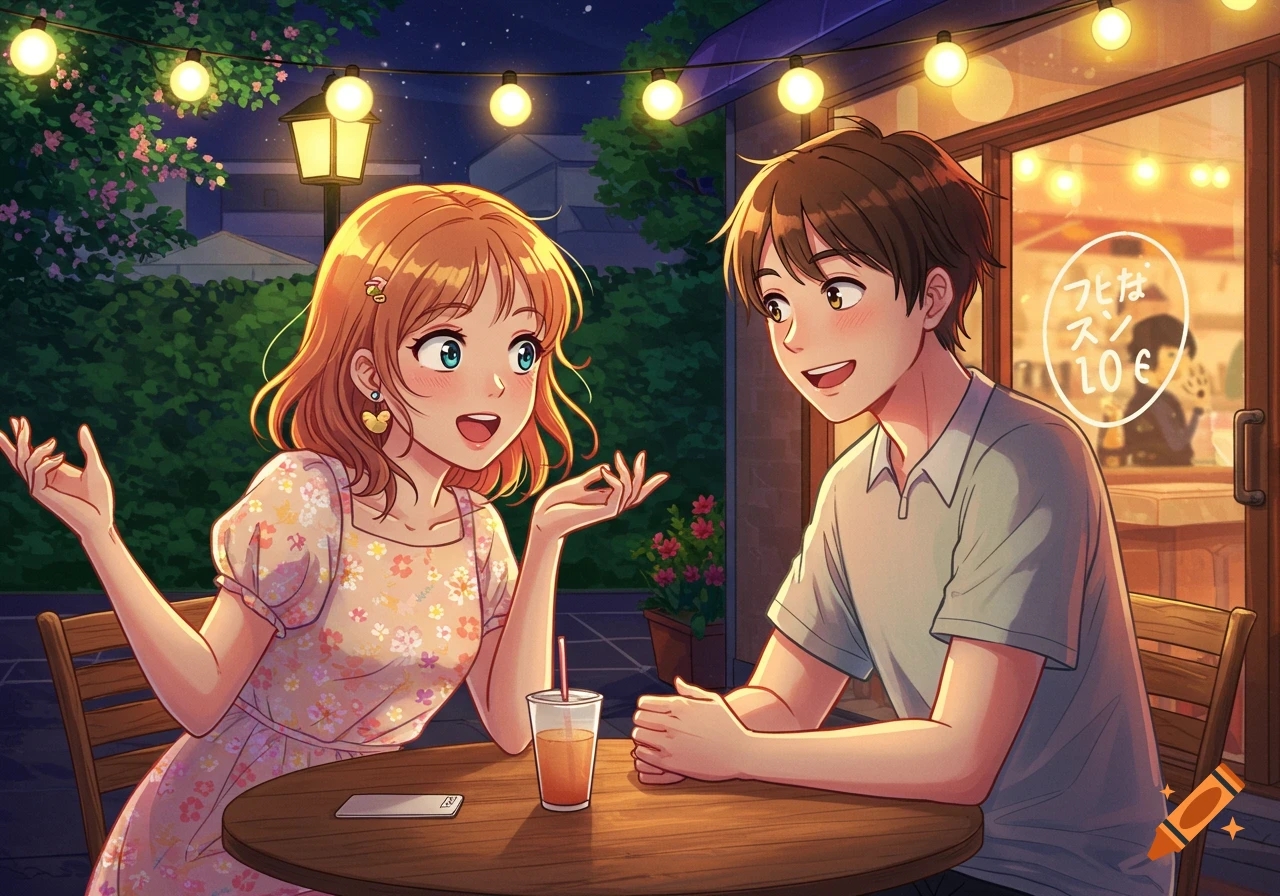 An anime couple talks at a table outside a cafe at night.
