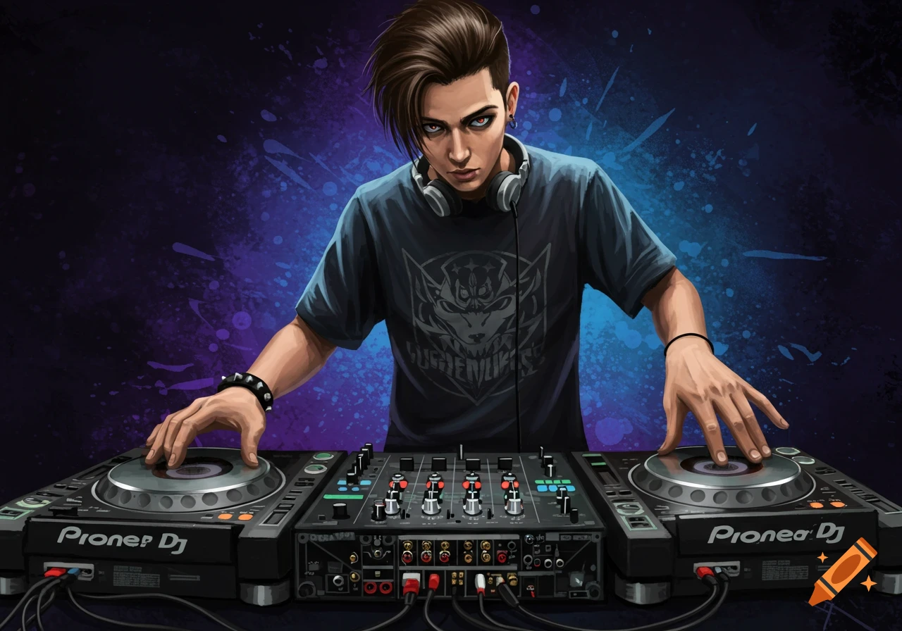 A DJ playing on decks against a dark purple and blue splatter background.
