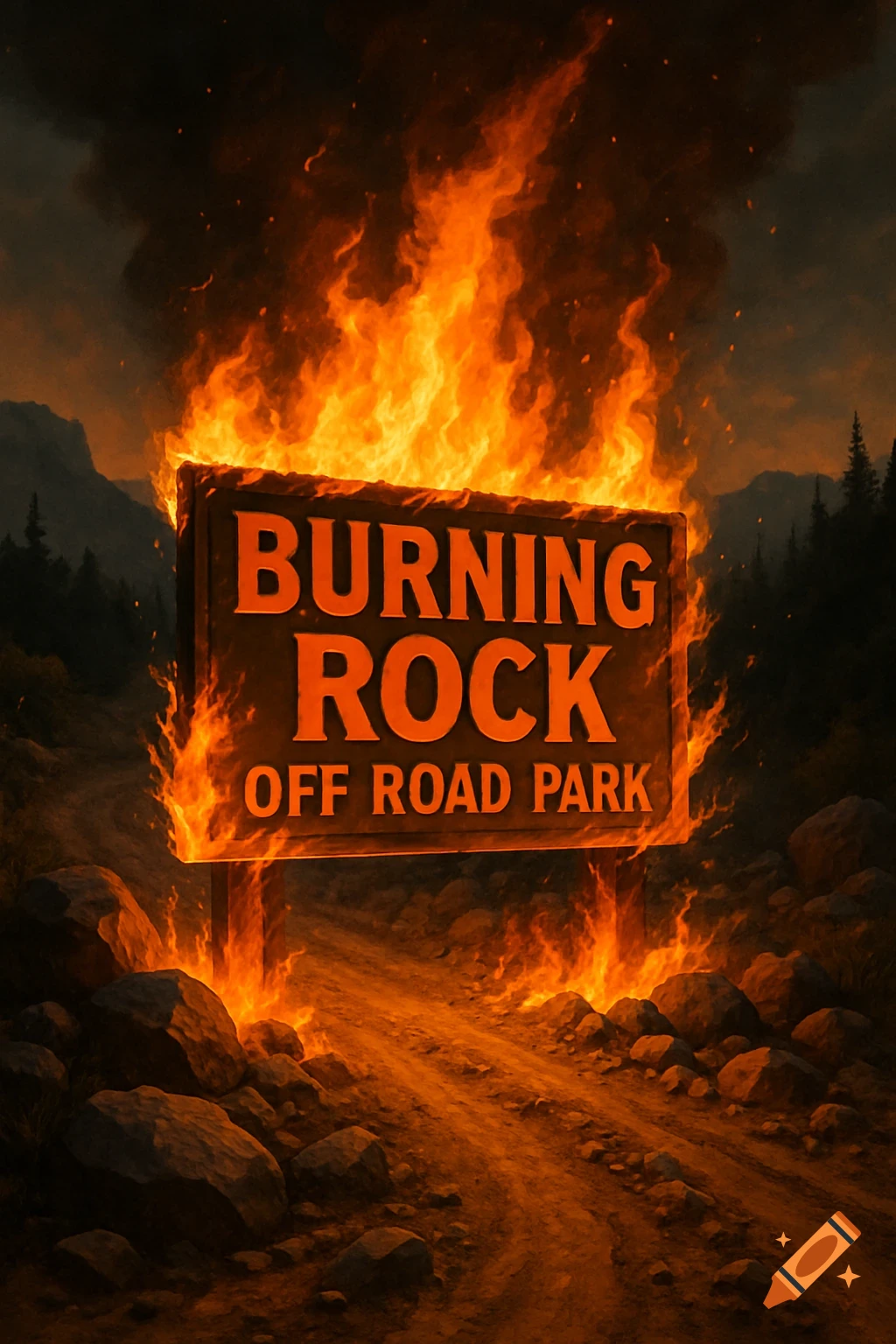 A large sign engulfed in flames that reads 'BURNING ROCK OFF ROAD PARK' along a dirt road.