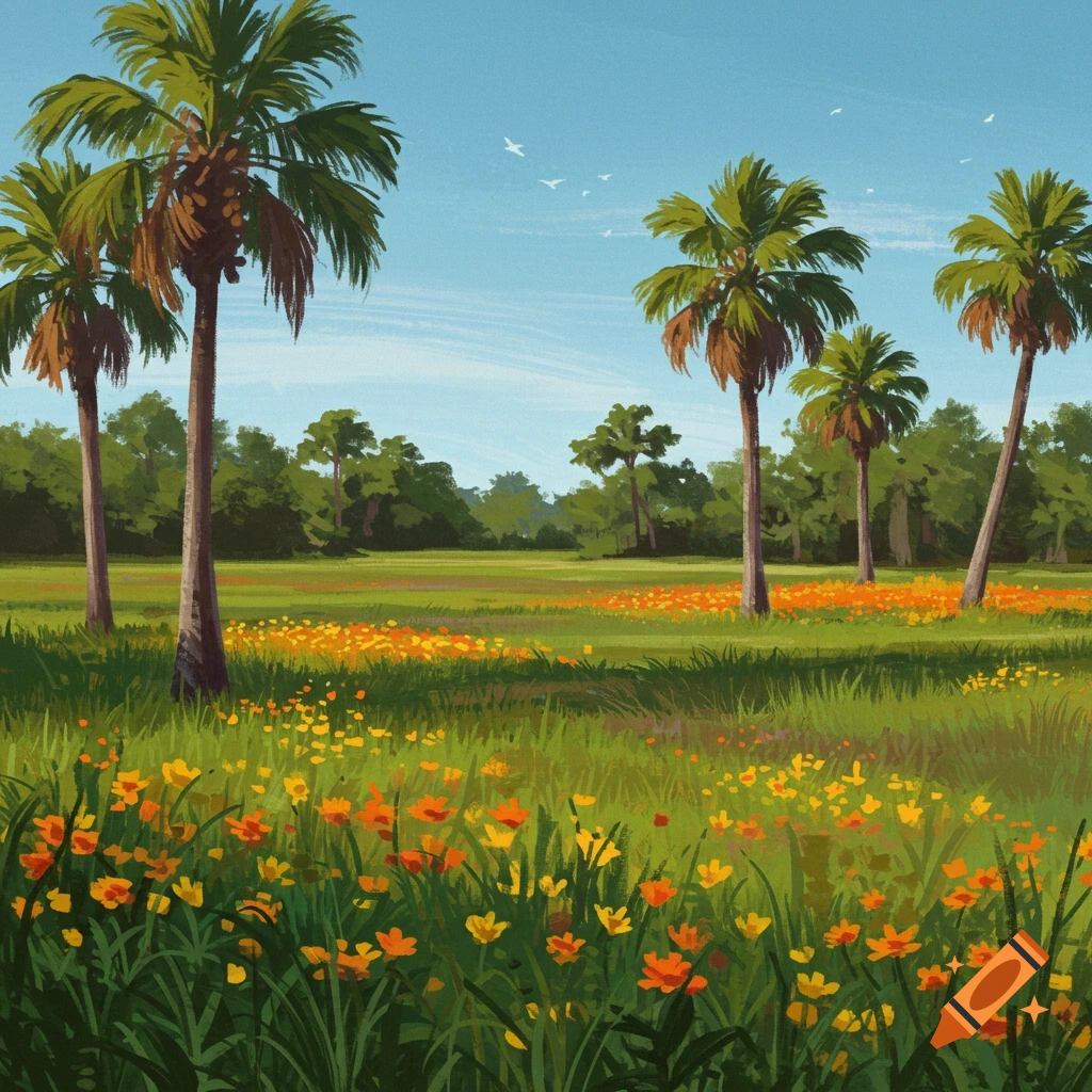 A field with orange flowers and palm trees under a blue sky.