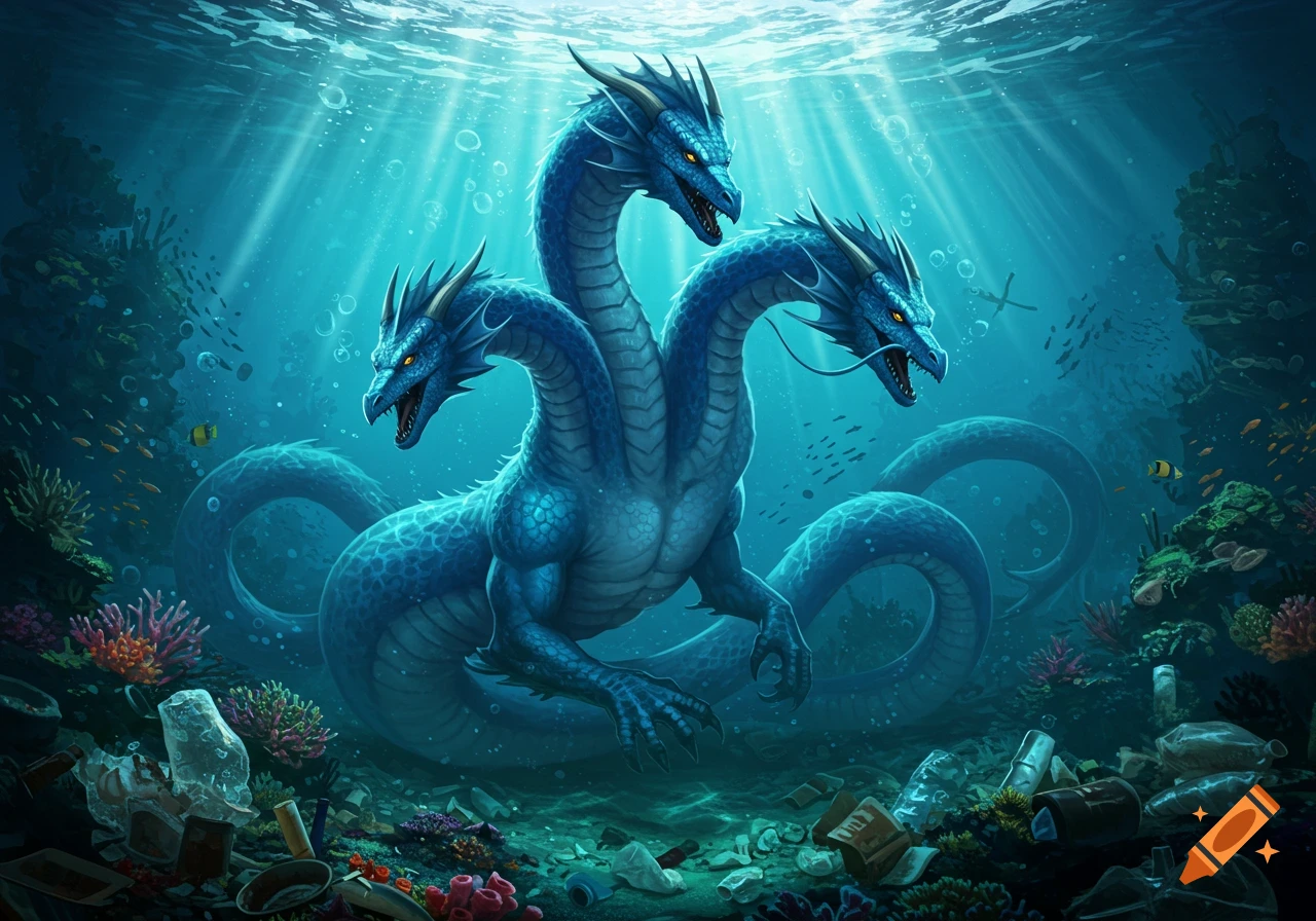 A digital painting of a blue three-headed dragon underwater surrounded by plastic trash.