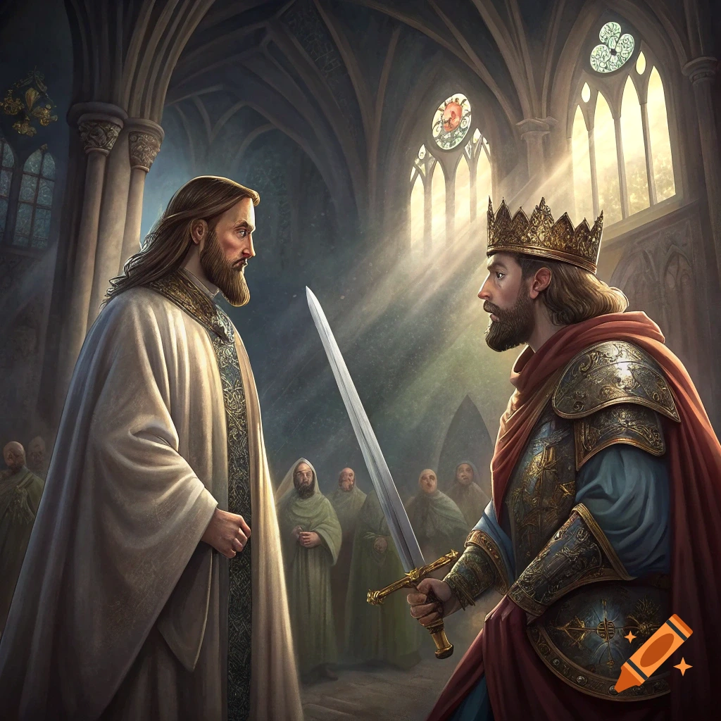 A figure resembling Jesus and a king in armor face each other with swords drawn in a dramatic, sunlit church.